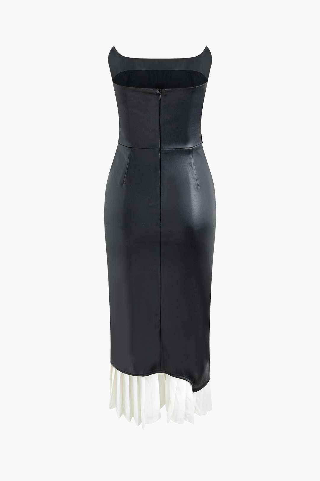 Contrast Strapless Faux Leather Pleated Midi Dress