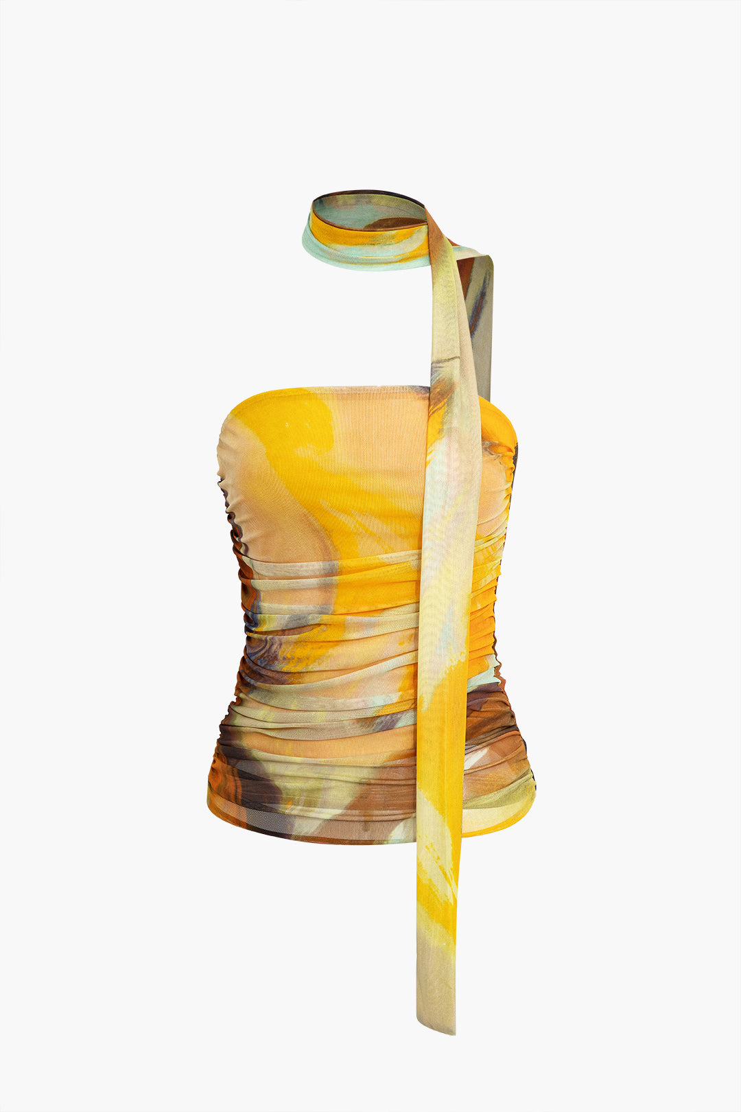 Abstract Print Mesh Ruched Tube Top With Neck Scarf