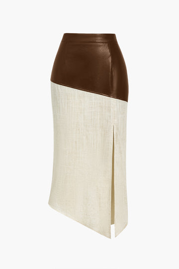 Contrast Faux Leather And Linen Slit Asymmetrical Skirt