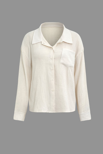 Textured Button Shirt And Drawstring Waist Shorts Set