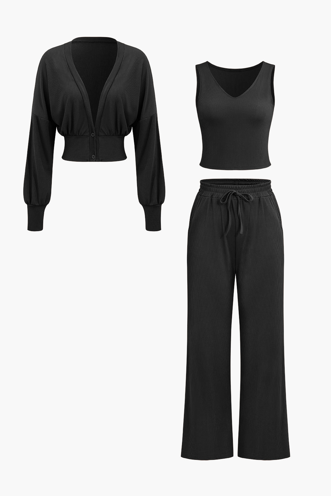V-neck Tank Top And Button Up Long Sleeve Cardigan And High Waist Drawstring Straight Leg Pants 3pc Set