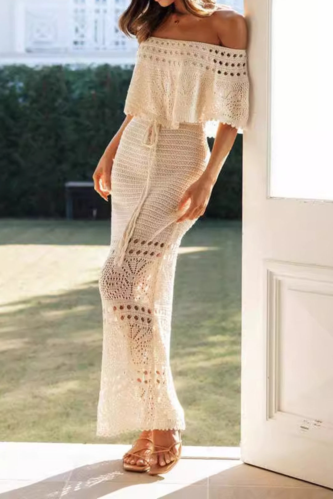 Crochet Wrap Off-Shoulder Maxi Dress
