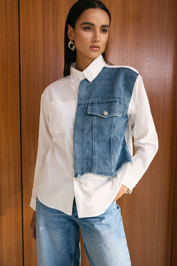 Denim Patchwork Frayed Asymmetrical Pocket Long-Sleeve Shirt