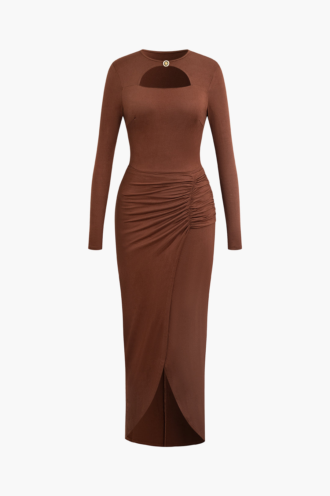 Cut Out Ruched Long Sleeve Wrap Slit Midi Dress