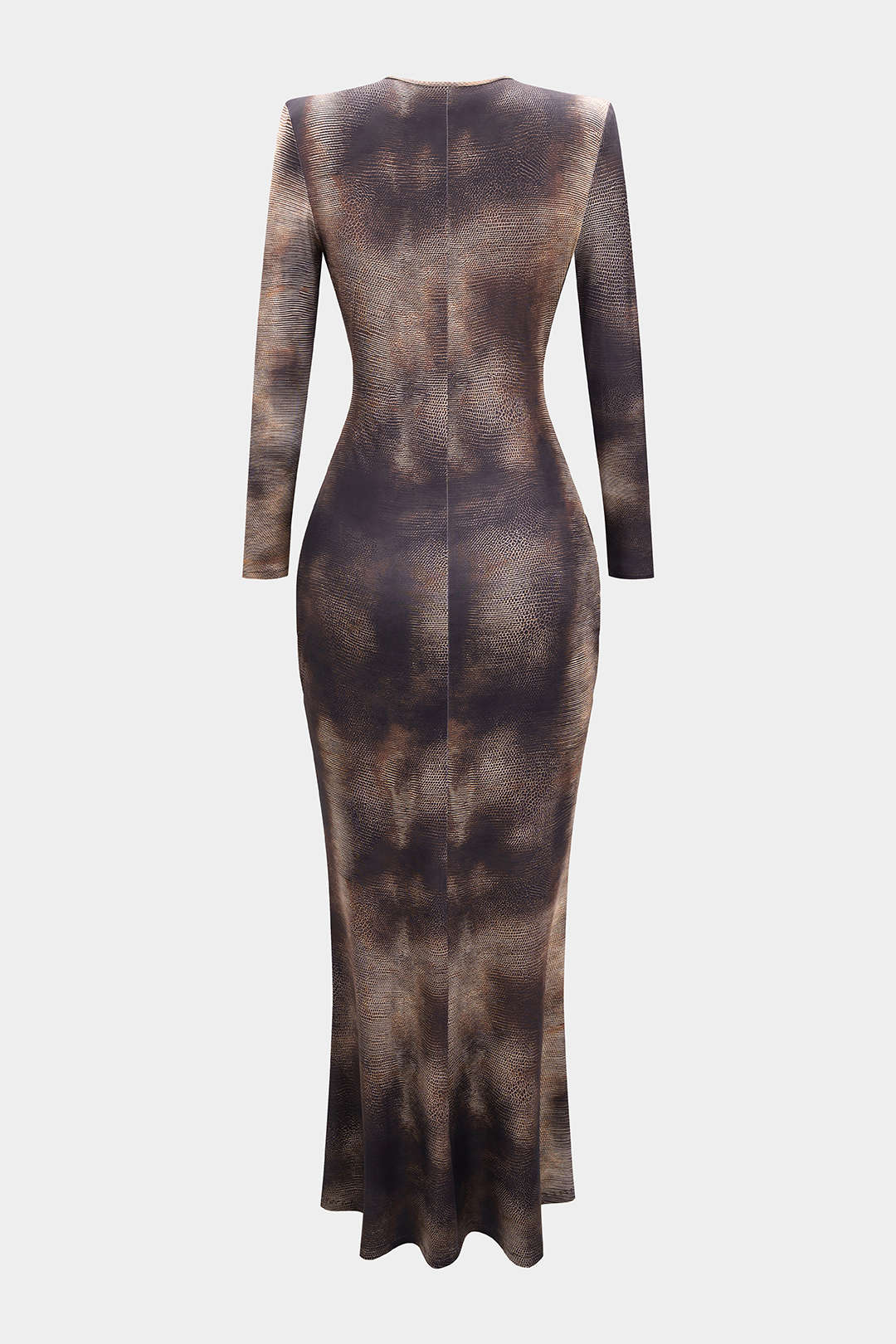 Snake Skin Print Mesh Ruched Fringe Trim V-Neck Long Sleeve Maxi Dress