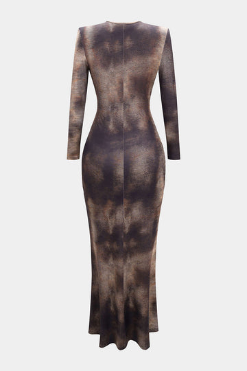 Snake Skin Print Mesh Ruched Fringe Trim V-Neck Long Sleeve Maxi Dress