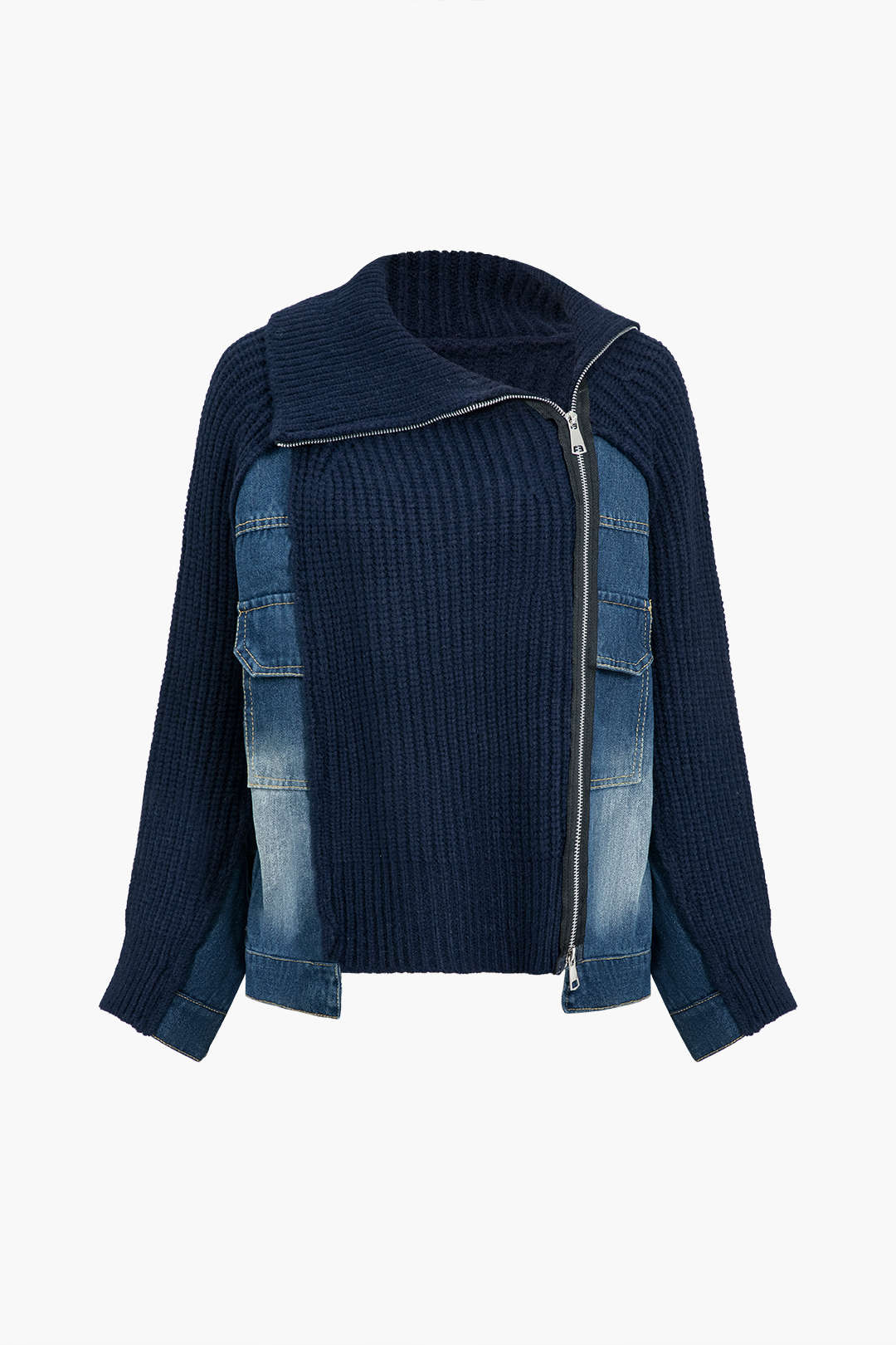 Solid lynlås detalje Patchwork sweater cardigan