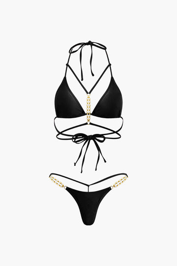 Pearl Decor Tie Halter Bikini Set