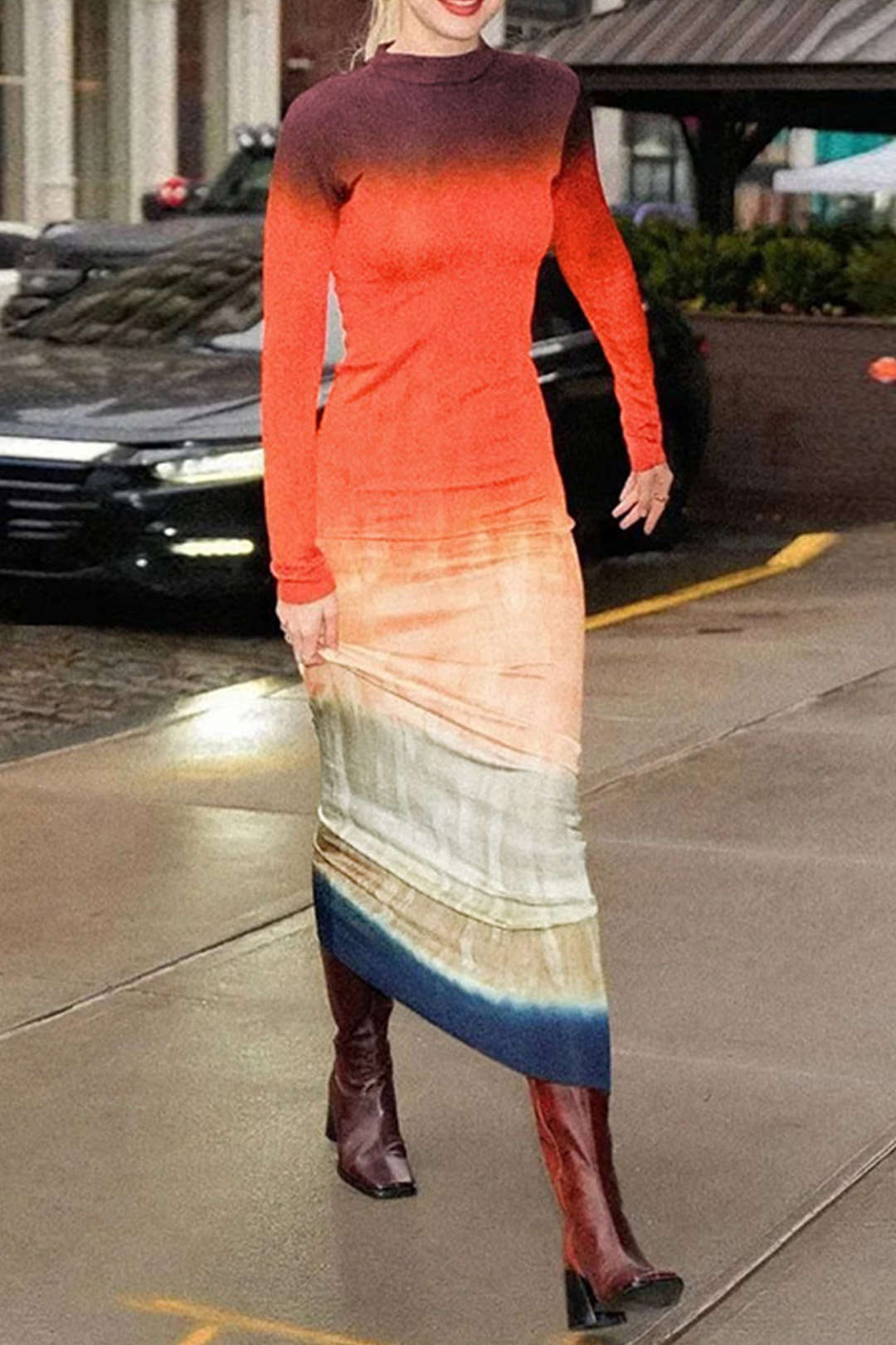 Ombre Round Neck Fitted Long Sleeve Maxi Dress