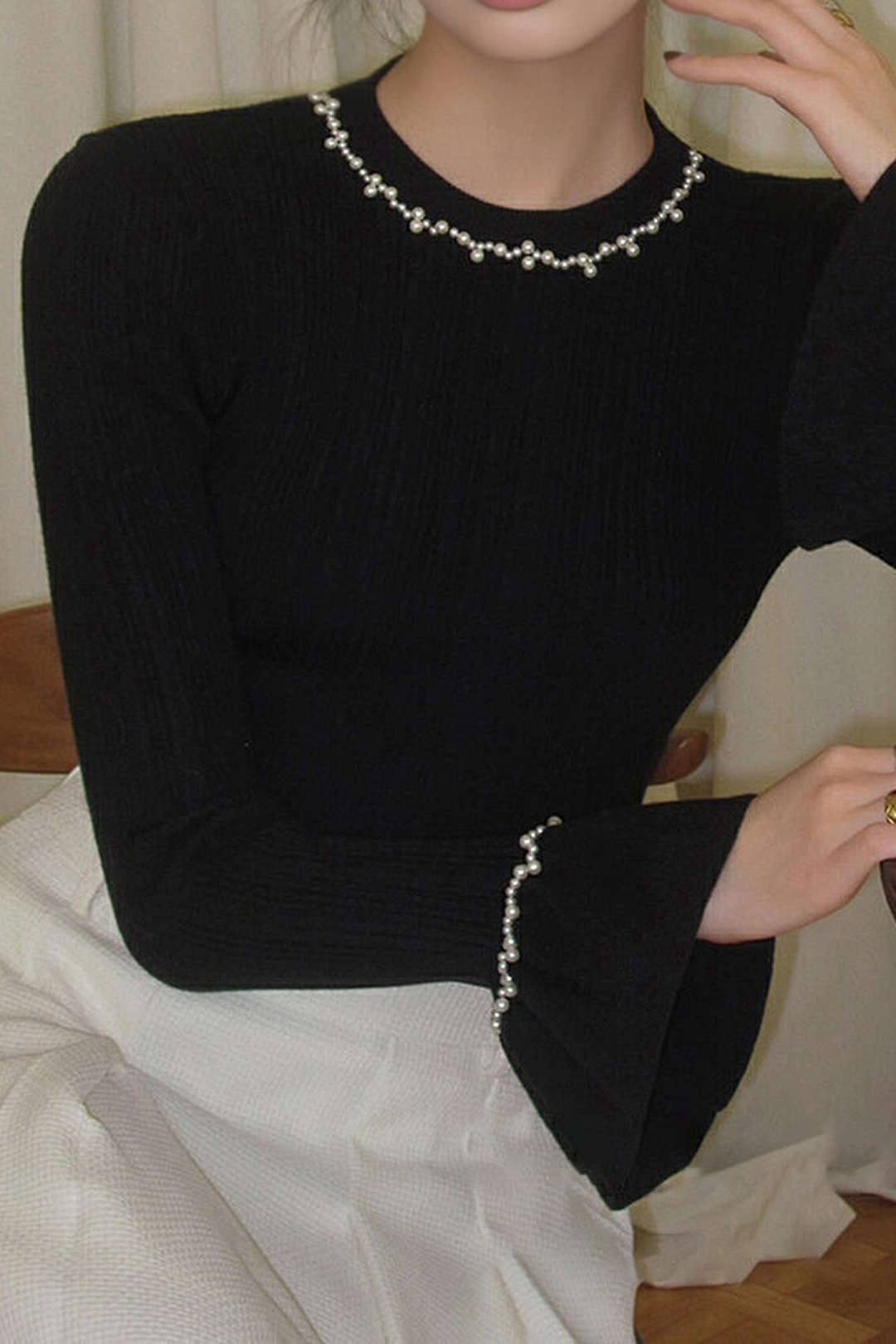 Beaded Round Neck Long-Sleeve Top