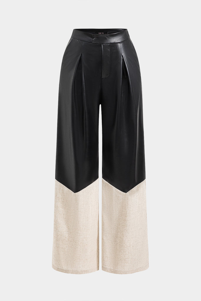 Faux Leather Linen High Waist Patchwork Trousers - decent-life