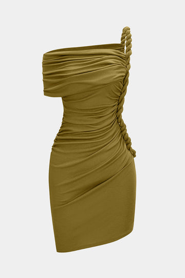 Ruched Twist Knot One Shoulder Short Sleeve Mini Dress