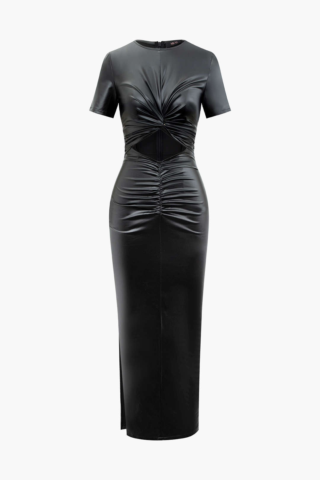 Faux Leather Twist Cut Out Ruched Midi Dress