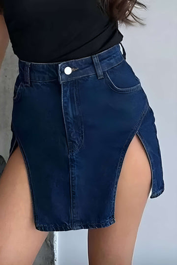 Solid Slit Mini Denim Skirt