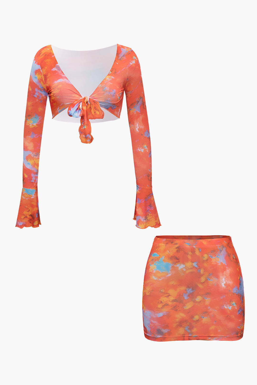 Tie Dye Knot Bell Sleeve V-neck Crop Top And Mini Skirt Set
