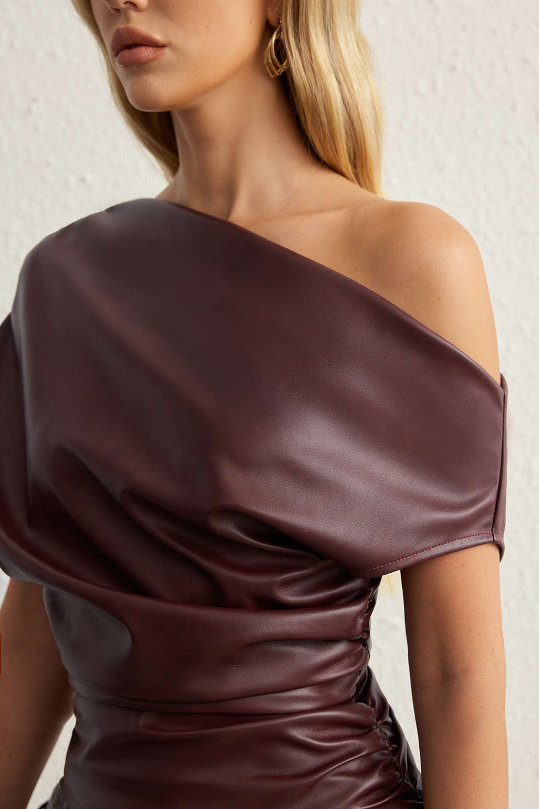 Faux Leather Ruched Boat Neck Asymmetrical Sleeveless Mini Dress