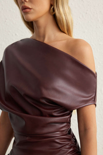 Faux Leather Ruched Boat Neck Asymmetrical Sleeveless Mini Dress