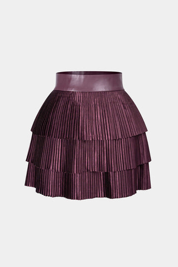 Faux Leather Pleated Layered Skirt