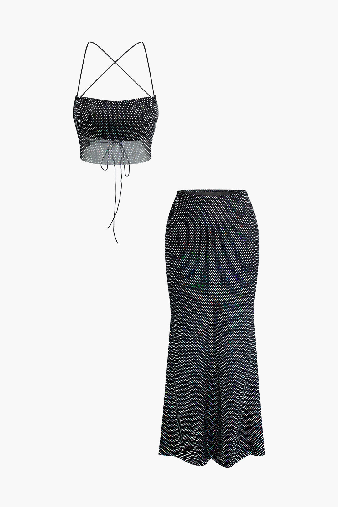 Sequin Embellished Cross Tie Back Cami Top And Mermaid Maxi Skirt Set