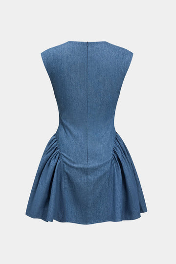 Solid Ruched V-neck Denim Dress