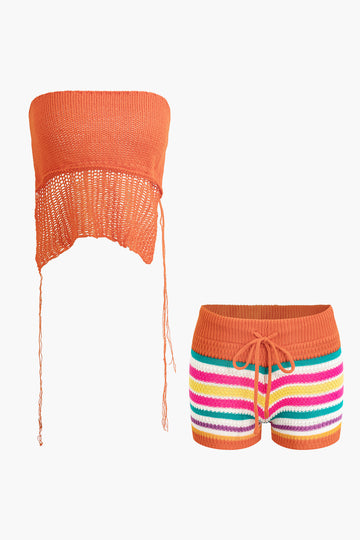 Coral Crochet Crop Top and Rainbow Stripe Shorts Set