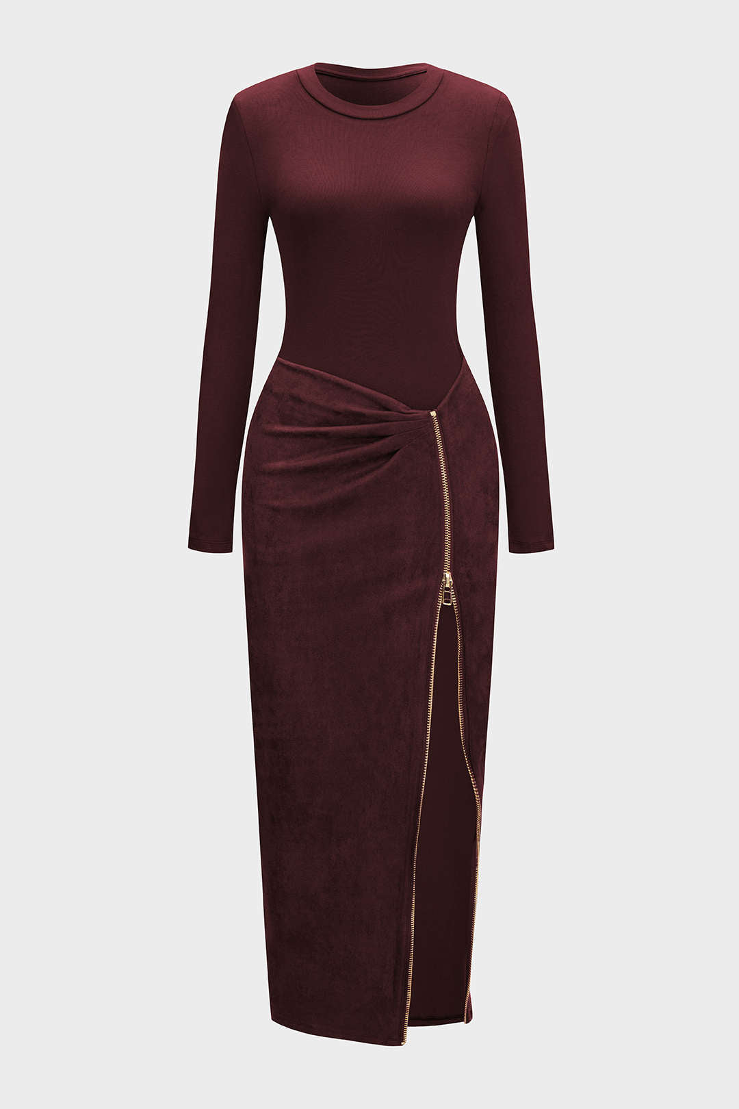 Round Neck Zipper Patchwork Long Sleeve Midi Dress