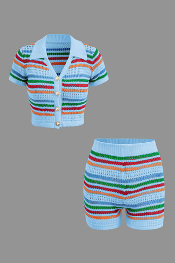 Stripe Knit Pearl Button Collar Top And Shorts Set