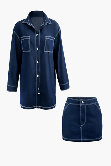 Denim Topstitching Chest Pocket Shirt And Mini Skirt Set