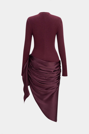 Satin Patchwork Ruched Asymmetrical Long Sleeve Midi Dress