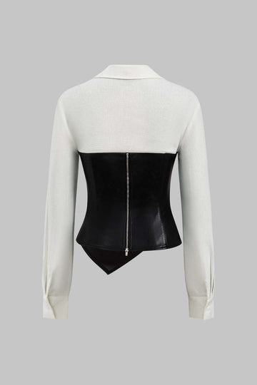 Faux Leather Linen Asymmetrical Patchwork Zipper V-Neck Long-Sleeve Shirt