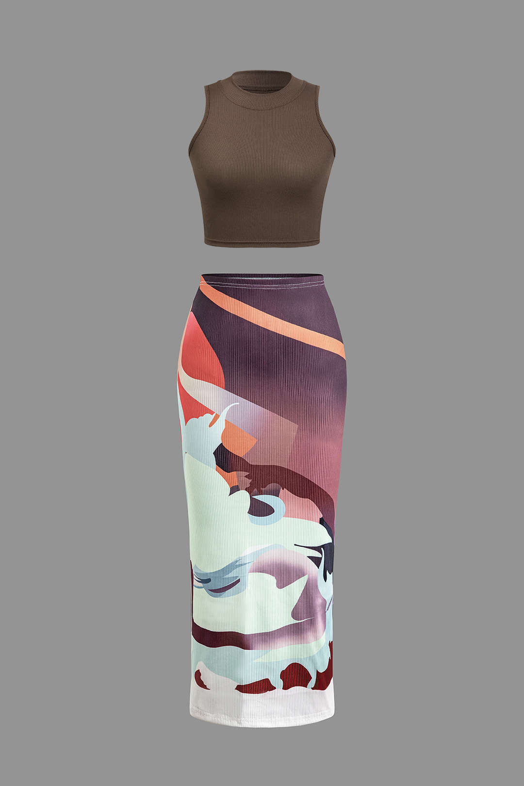Solid Mock Neck TankTop And Abstract Print Midi Skirt Set