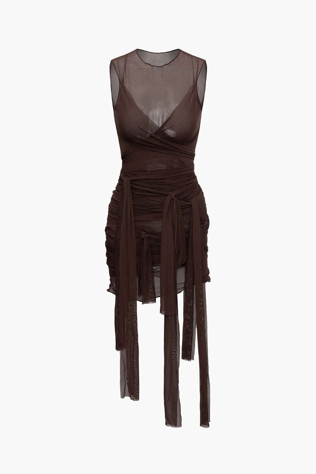 Sheer Mesh Wrap Tie Ribbon Midi Dress Micas Sheer Mesh Wrap Tie Ribbon Midi Dress Micas