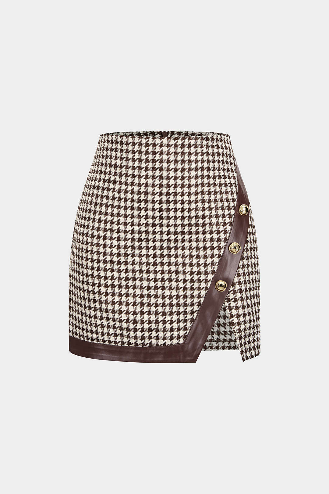 Houndstooth Print Faux Leather Patchwork Asymmetrical Side Split Skirt