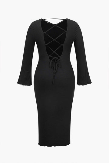 Plus Size Solid Knit Backless Tie Back Midi Dress