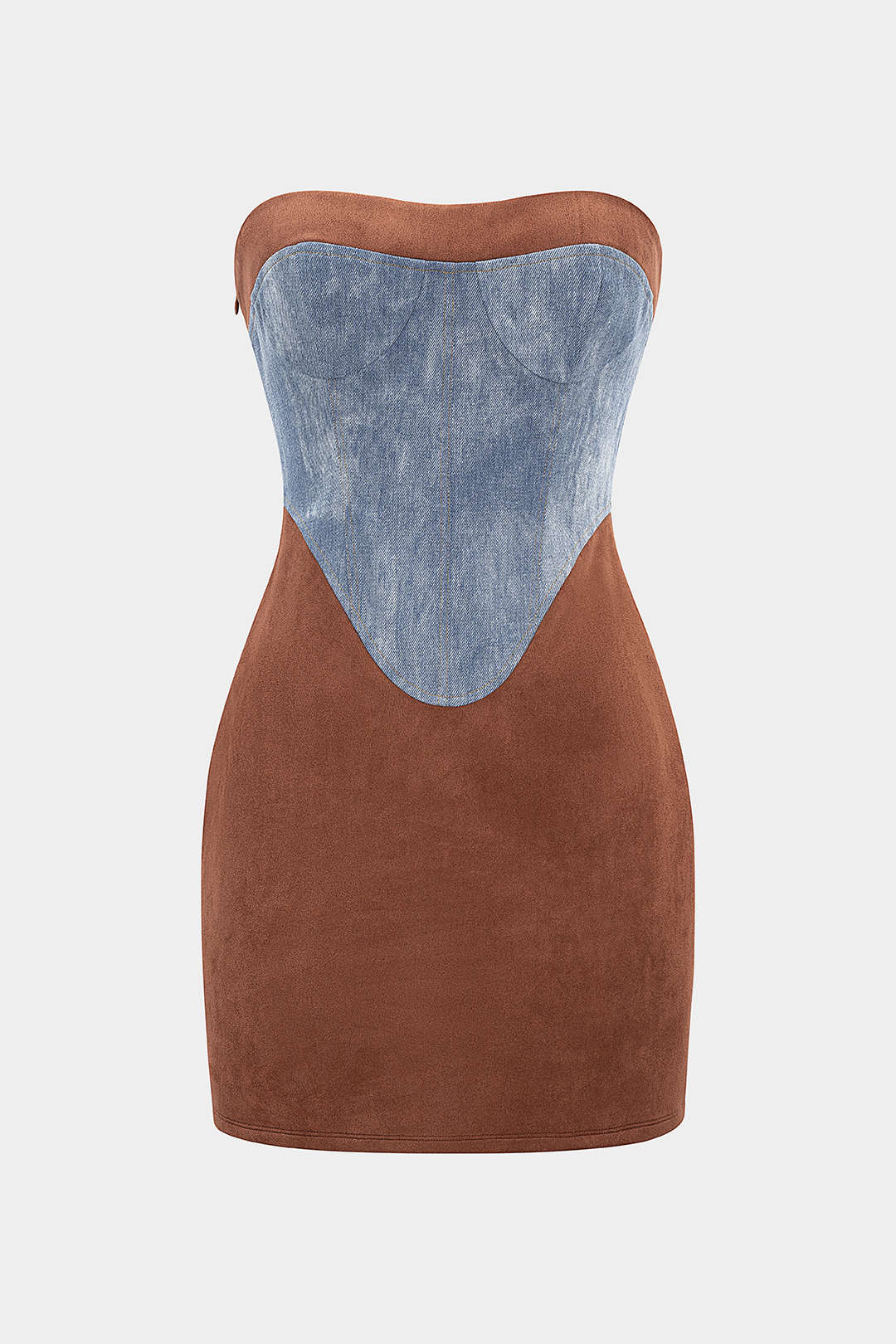 Suede Denim Patchwork Strapless Sleeveless Mini Dress