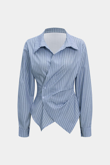 Stripes Print V-Neck Ruched Long-Sleeve Shirt