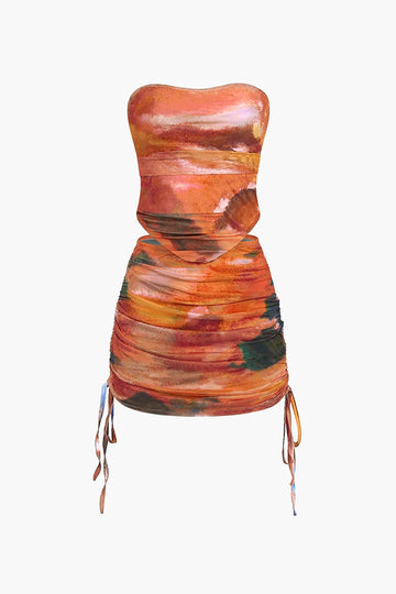 Tie Dye Mesh Tube Top And Ruched Drawstring Mini Skirt Set