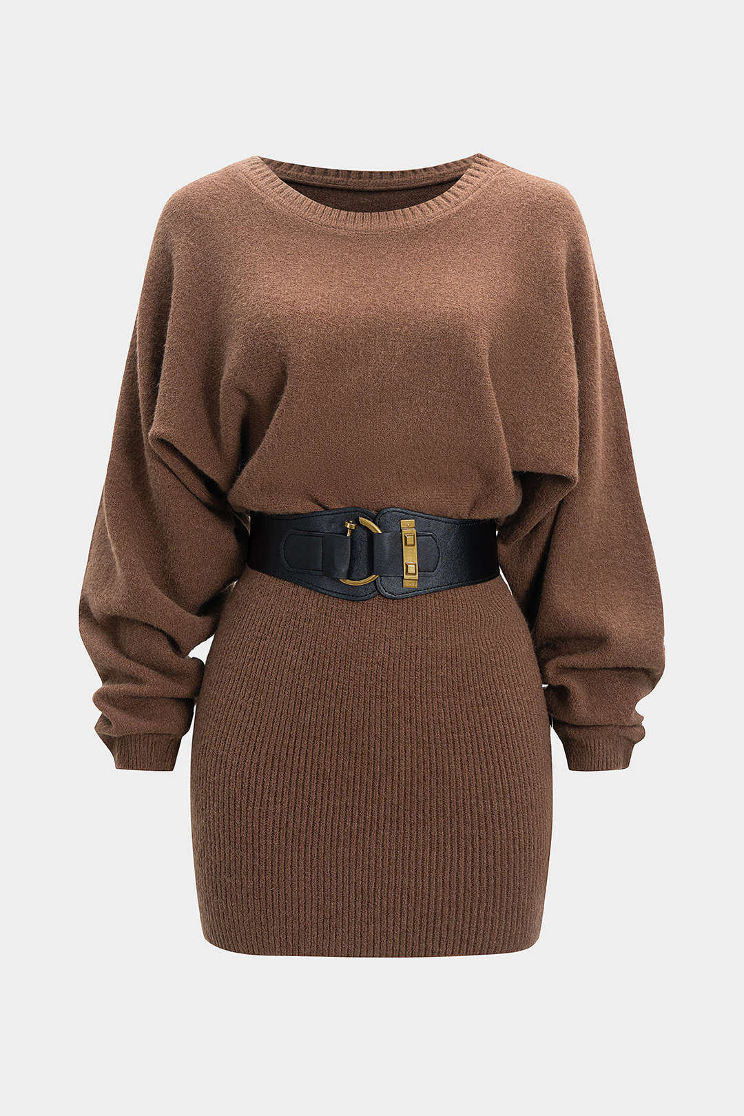 Knit Belted Batwing Long-Sleeve Dress