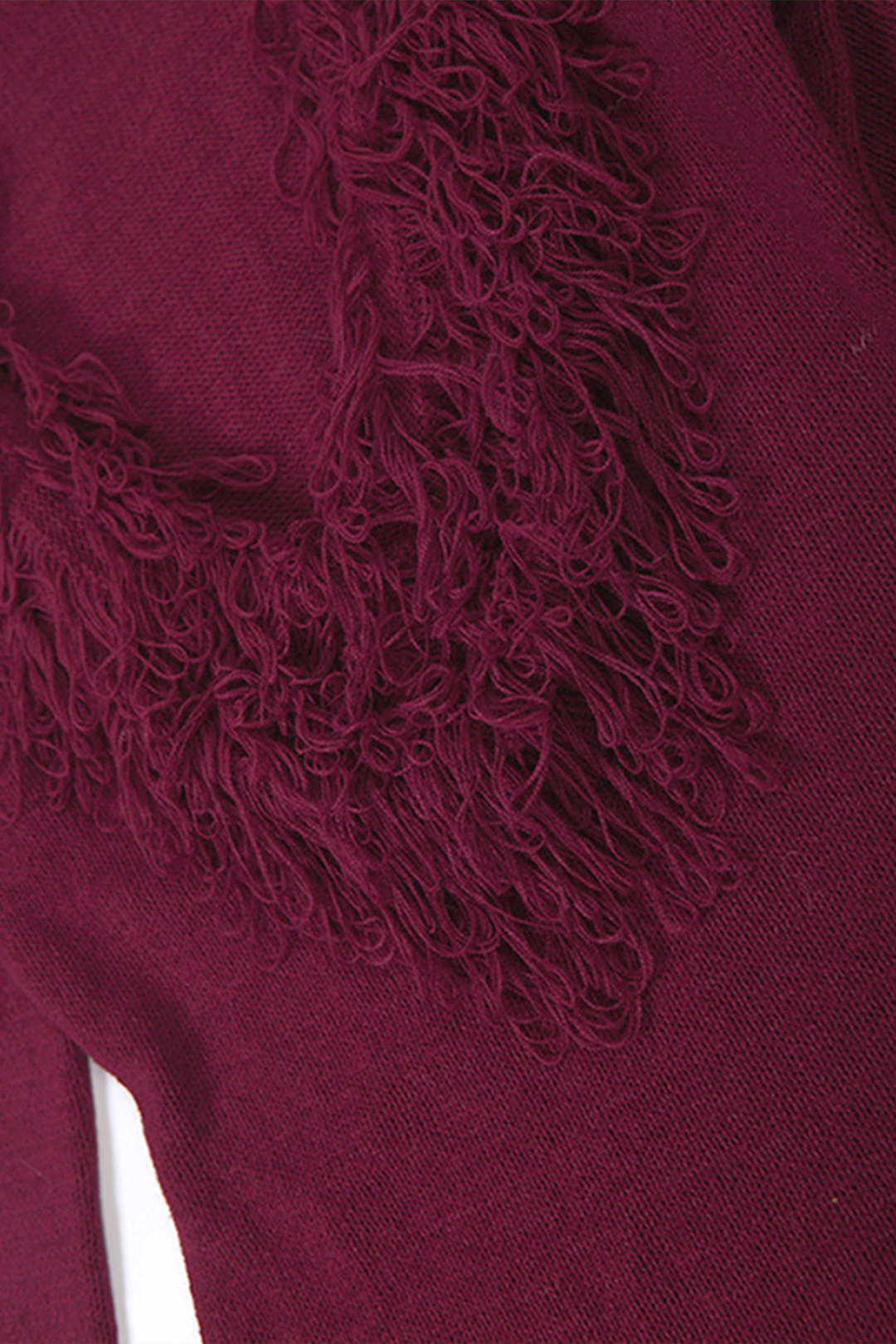 Knit Fringe Trim Deep V-Neck Long Sleeve Dress