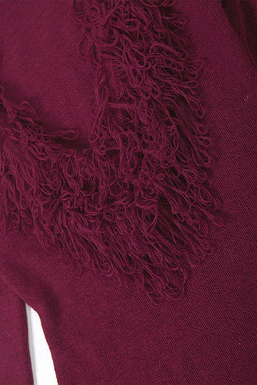 Knit Fringe Trim Deep V-Neck Long Sleeve Dress