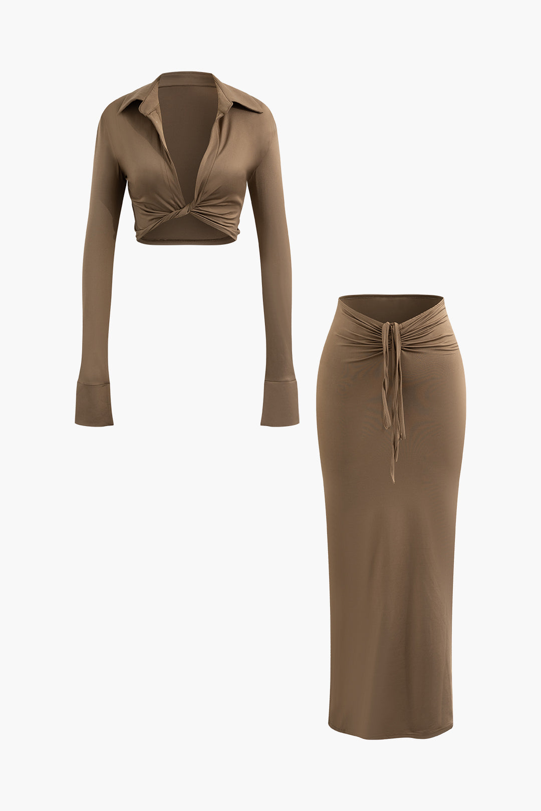 Solid V-neck Twist Long Sleeve Top And Ruched Maxi Skirt Set