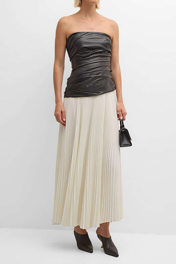 Faux Leather Chiffon Patchwork Pleated Strapless Midi Dress