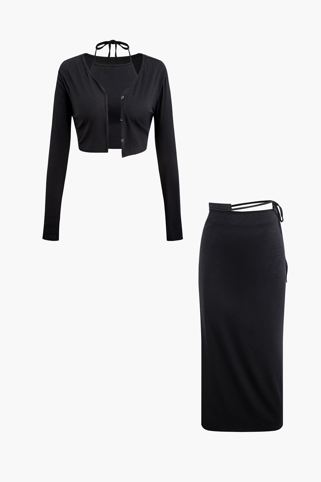 Halter Tube Top And Button Up Long Sleeve Top And Tie Waist Midi Skirt Set
