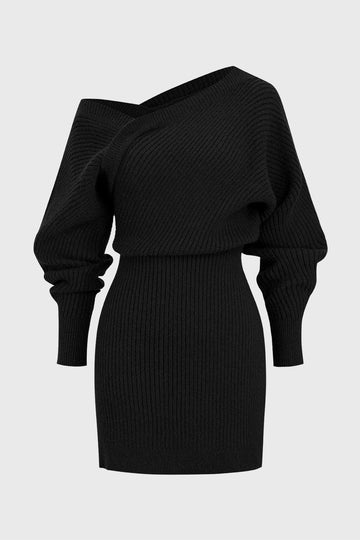 Knit Asymmetrical Neck Ribbed Long Sleeve Dress