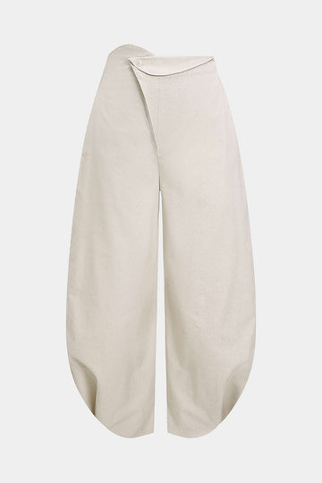 Linen Button Asymmetrical Ruched Barrel Trousers