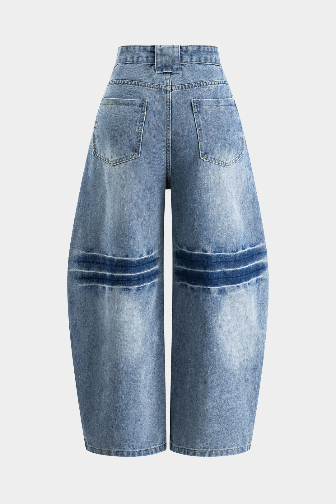 Denim Button Pocket Curve-Leg Wide Leg Barrel Jeans