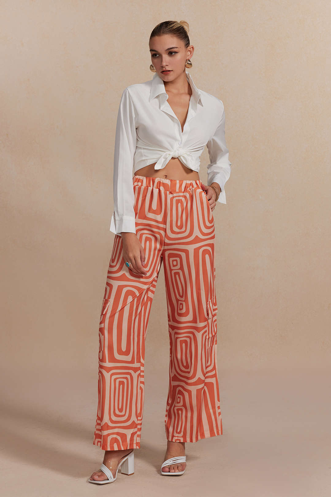 Solid Knot Shirt And Artistic Print Pants Set