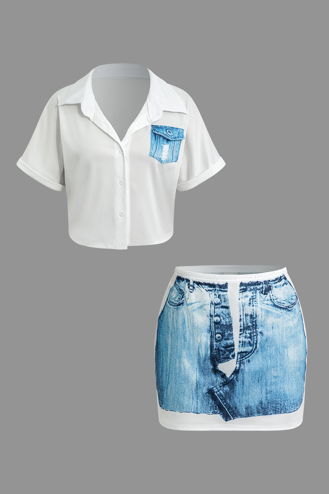 Faux Denim Print Shirt And Skirt Set