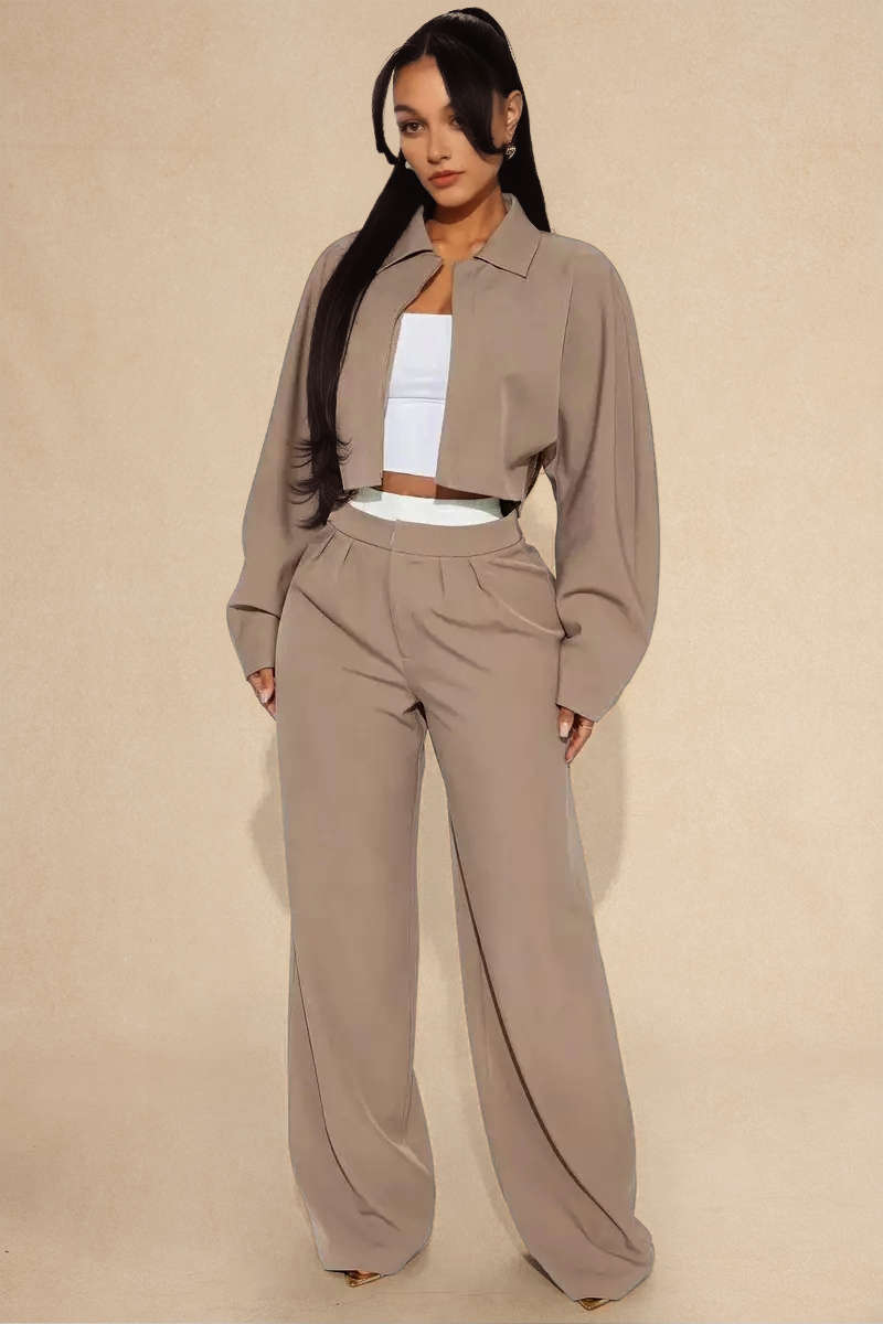 Collar Long Sleeve Crop Top And Trousers Set