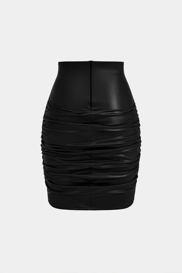 Solid Faux Leather Ruched Skirt